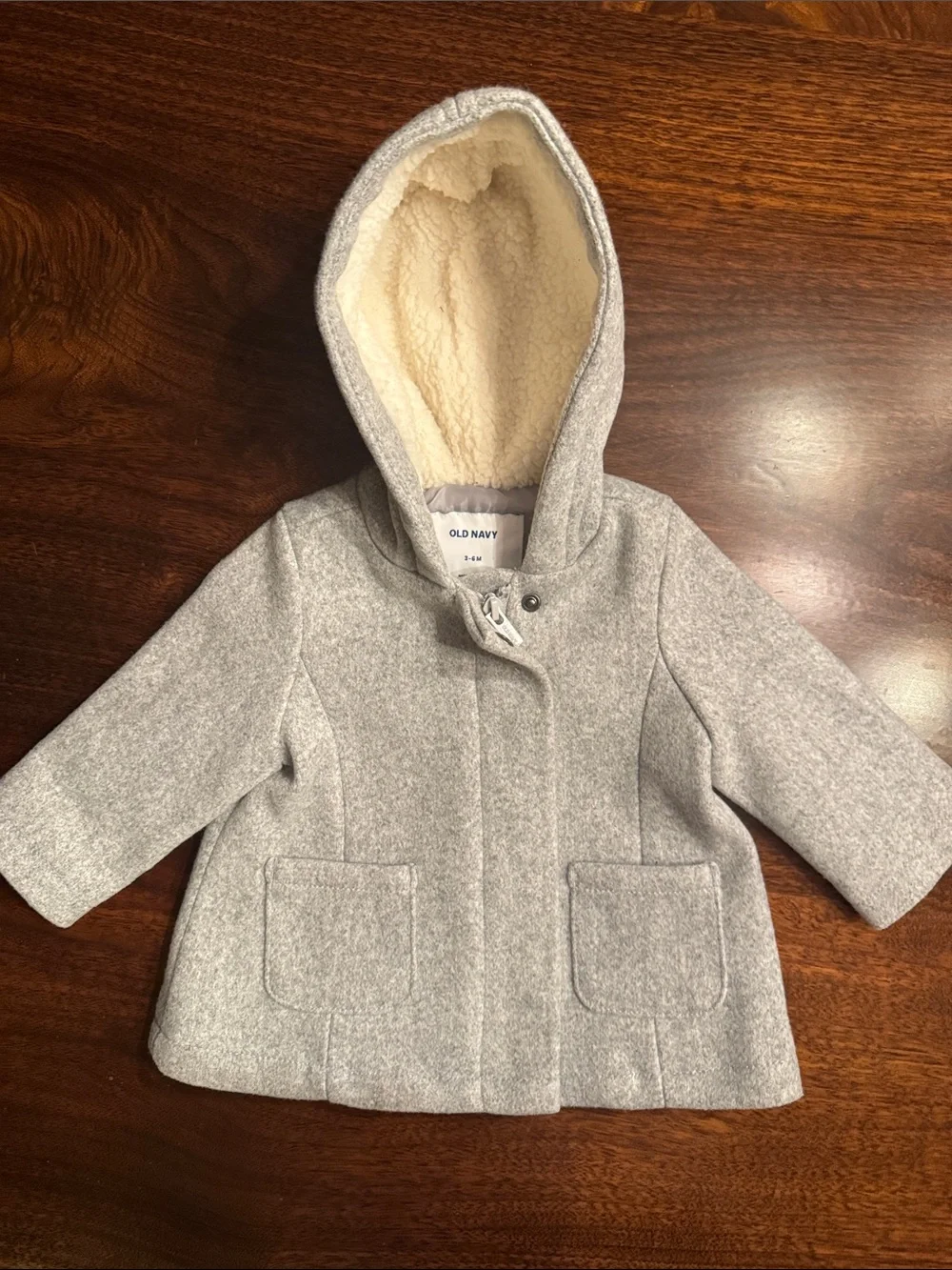 Old Navy Toddler Gray Hooded Wool-Blend Pea Coat with Cream Sherpa Lining